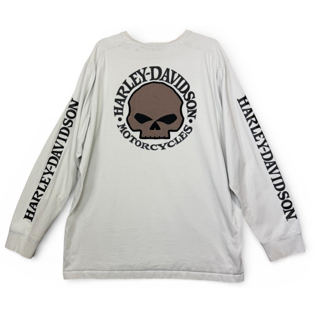 Harley Davidson Long Sleeve Willie G Skull T Shirt Mens 2XL Off White Cotton